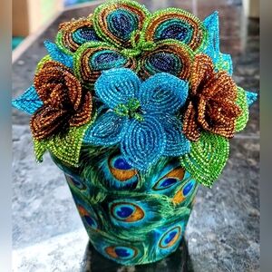 Peacock Decoupage Pot filled with French Beaded Flowers